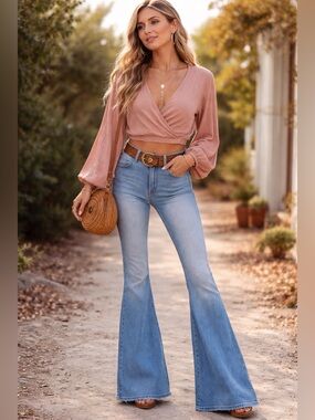 ASOS Design Cropped Wrap-Front Long Sleeve Blush Taupe Top Size 2  Coquette Boho